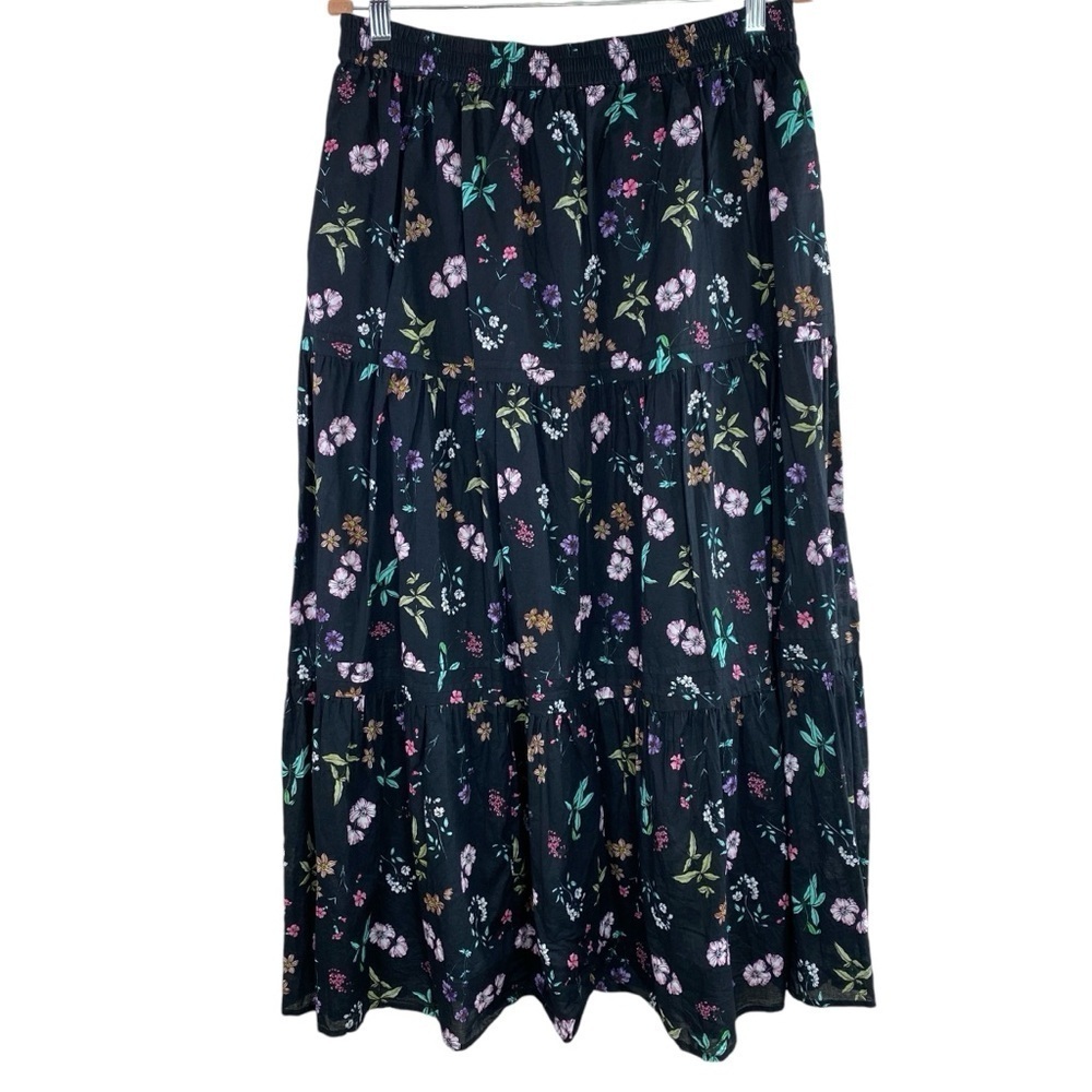 Antthony HSN Black Floral Cottagecore‎ 100% Cotton Tiered Skirt w/Pockets Sz L